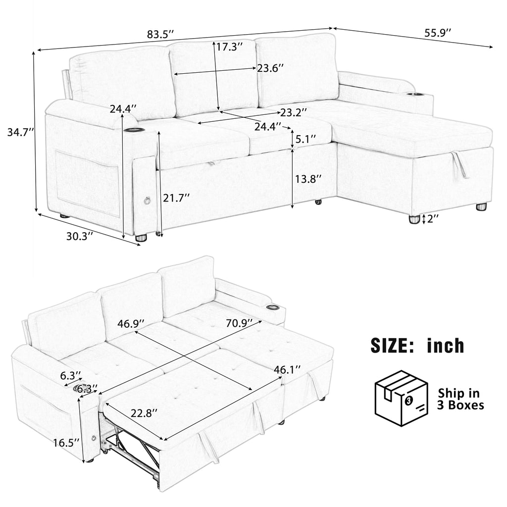 Black Convertible L-shaped Sofa Couch with Storage, Cup Holders, USB Ports, Chenille Fabric, 83.5' - Grand Goldman Shop