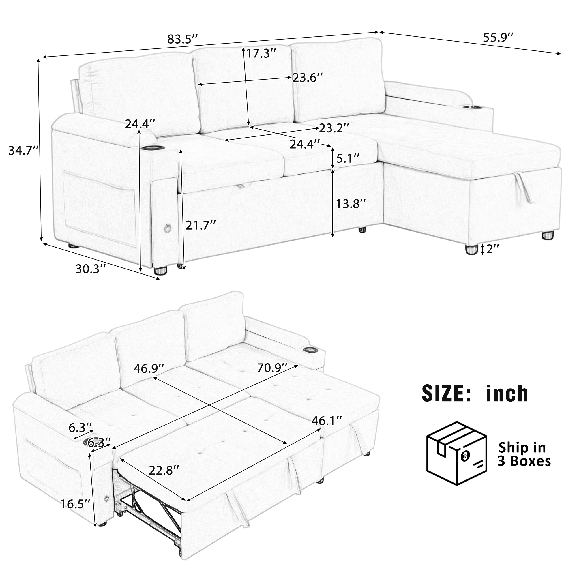 Black Convertible L-shaped Sofa Couch with Storage, Cup Holders, USB Ports, Chenille Fabric, 83.5' - Grand Goldman Shop