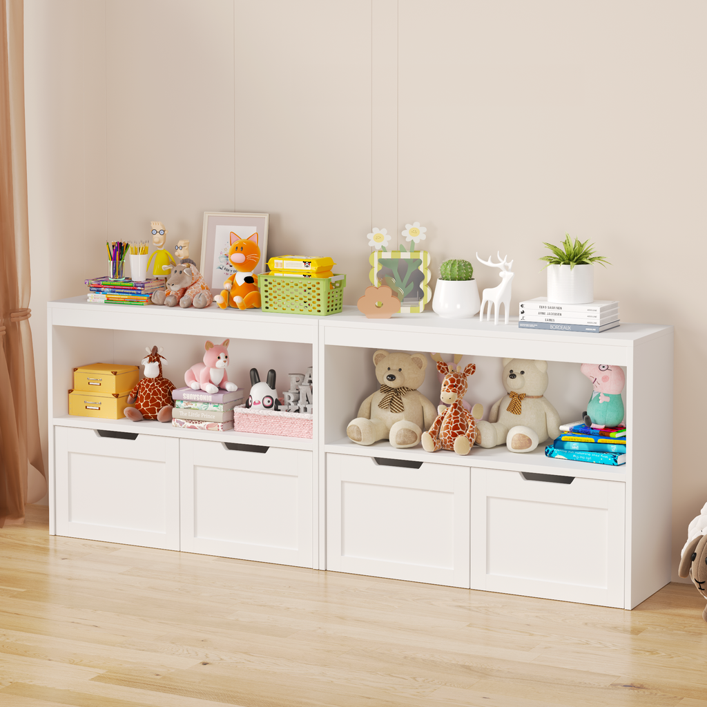 White Book Organizer with Large Drawers and Open Shelves, MDF Toy Storage Cabinet with Removable Wheels and Rounded Edges | P