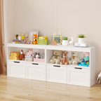 White Book Organizer with Large Drawers and Open Shelves, MDF Toy Storage Cabinet with Removable Wheels and Rounded Edges | P