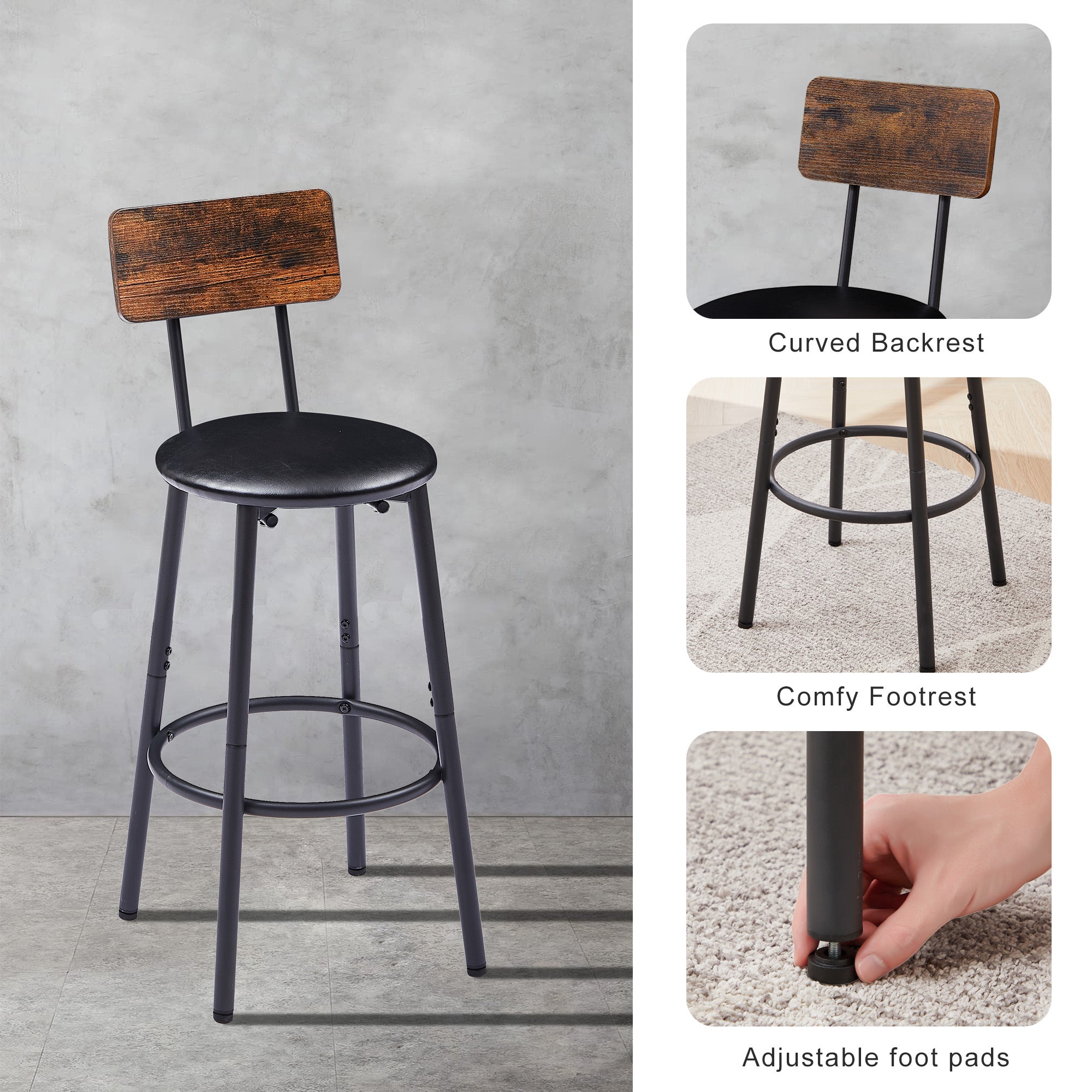 Round bar stool set with shelf, upholstered stool with backrest, Rustic Brown, 23.62'' W x 23.62'' D x 35.43'' H - Grand Goldman Shop