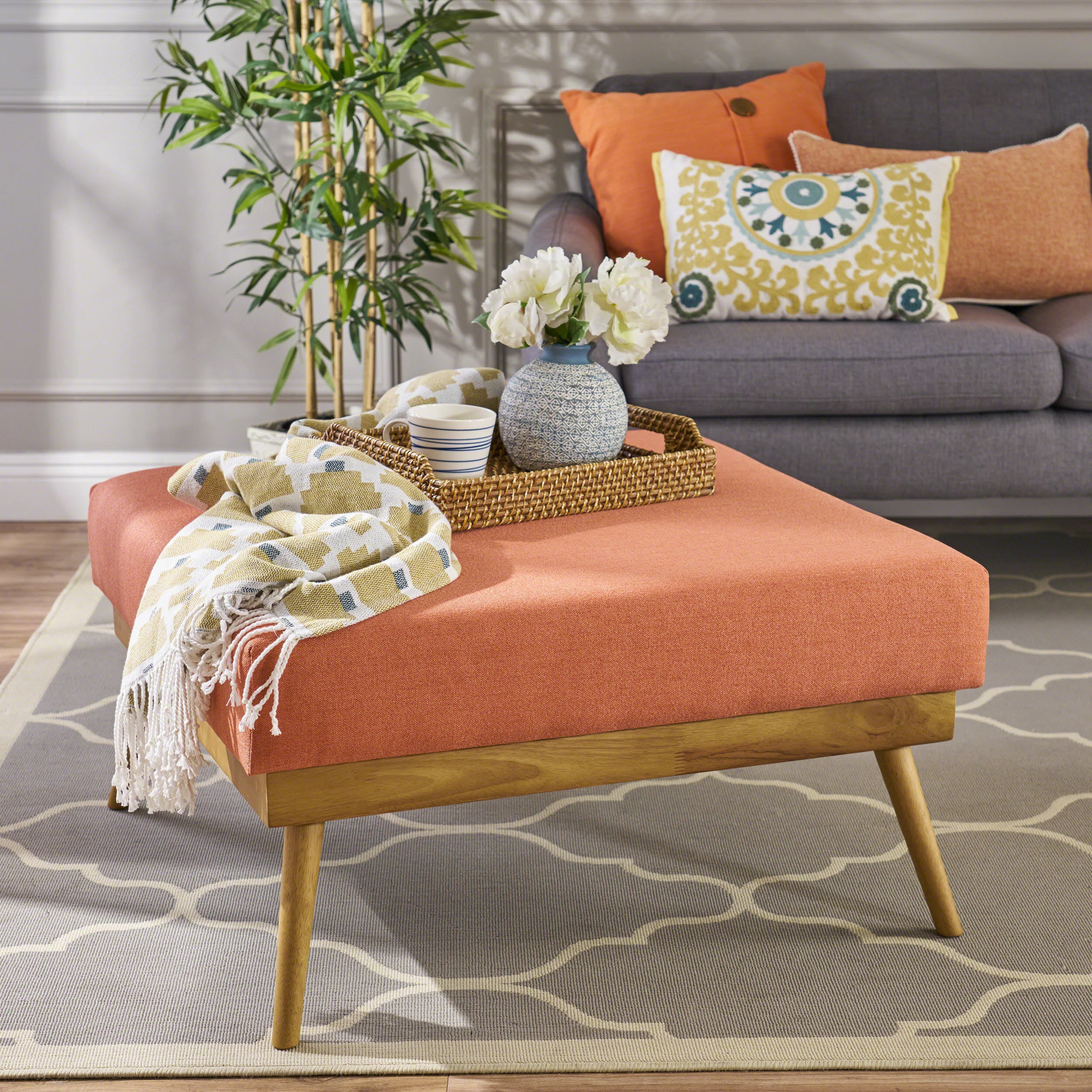 33' Large Square Ottoman Coffee Table, Upholstered Footrest Ottoman with Wood Farmhouse, for Living Room - Grand Goldman Shop