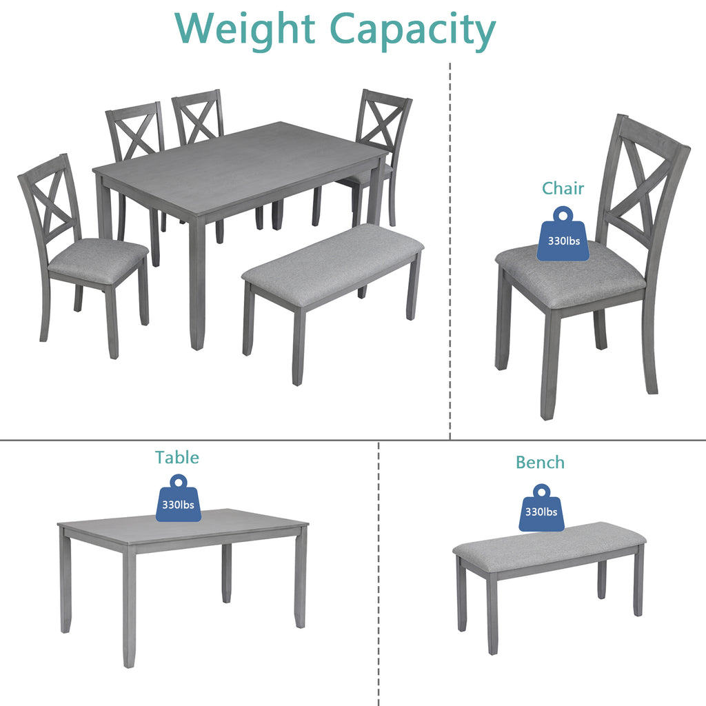 6PCs Kitchen Dining Set, Rectangular Wooden Dining Table with 4 Upholstered Chairs and a Bench, Dining Table Set for 6 People, Living Room, Home Bar and Kitchen, Gray - Grand Goldman Shop