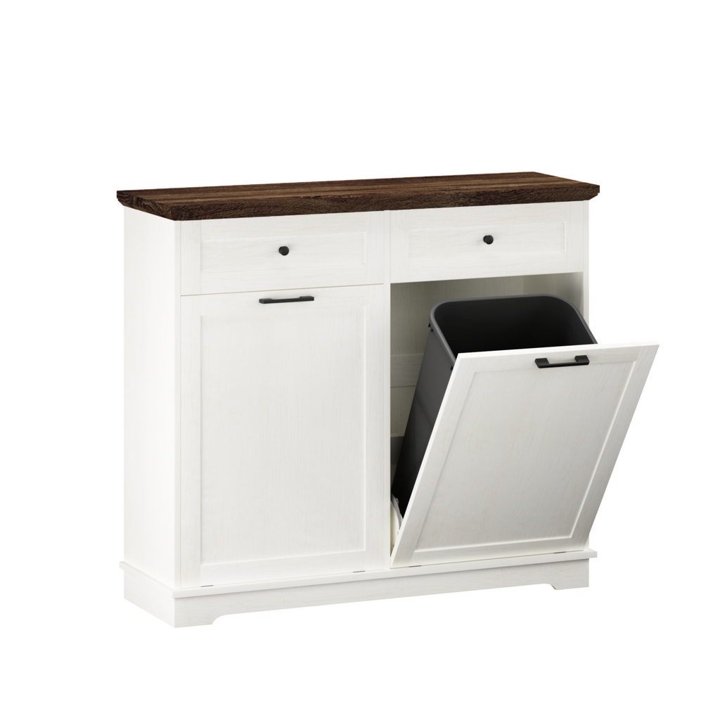20 Gallon Tilt Out Trash Cabinet Freestanding Trash Bin Cabinet Wood Garbage Recycling Cabinet with Drawer Pet Proof Trash Can Holder for Kitchen Living Room, Antique White (Not include trash can) - Grand Goldman Shop