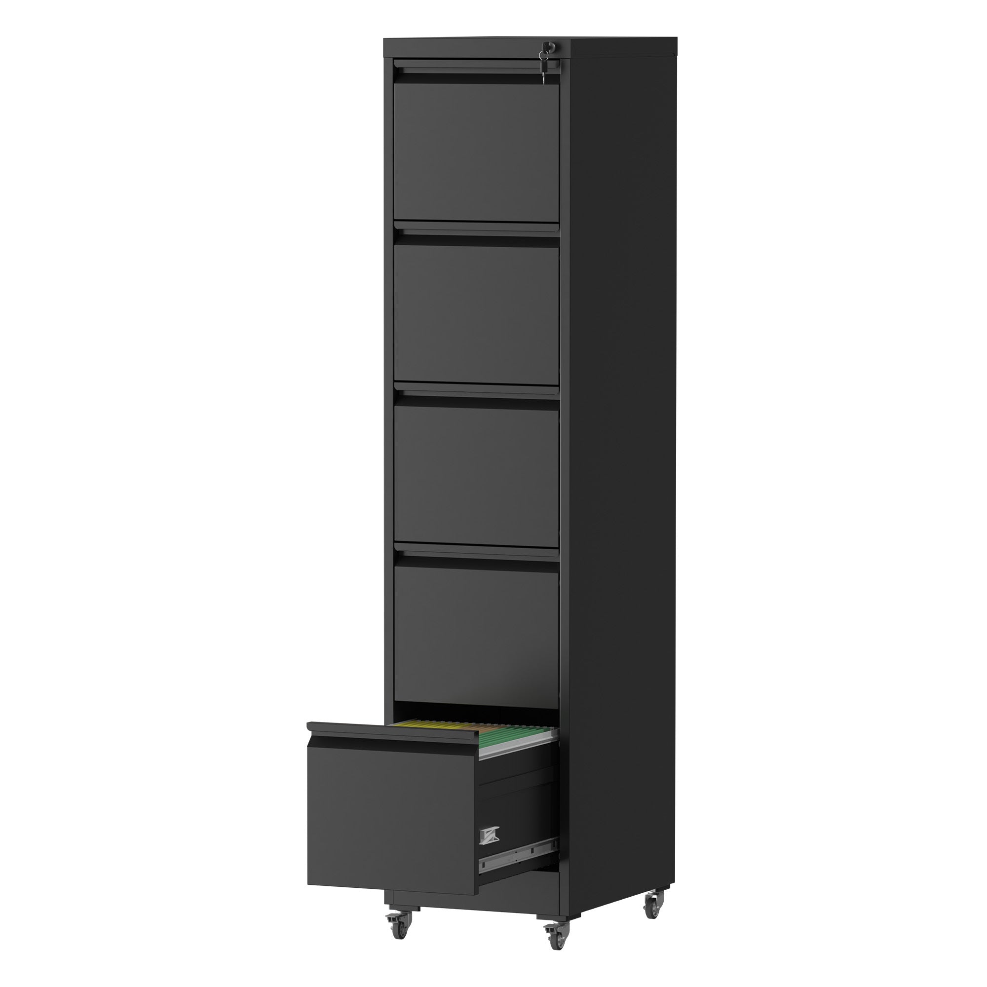 Heavy Duty Black Metal 5 Drawer Vertical File Cabinet with Lock and Wheels for Home Office - Grand Goldman