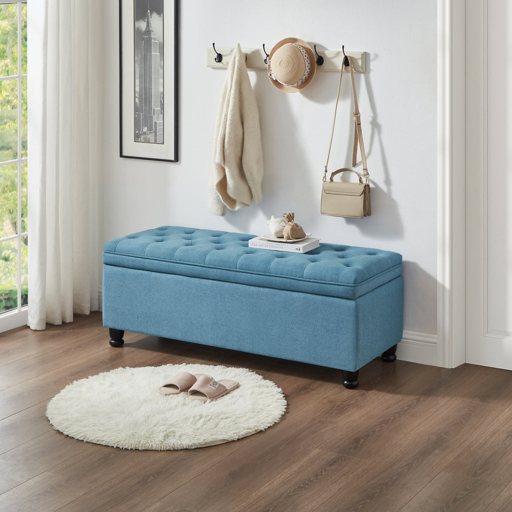 Upholstered tufted button storage bench ,Linen fabric entry bench with spindle wooden legs, Bed bench- Light Blue - Grand Goldman Shop