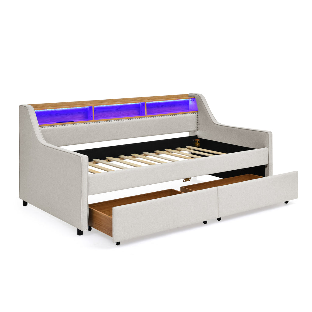 Beige Linen Upholstered Twin Sofa Bed with LED Lights, Storage Drawers, Adjustable Headboard & Wireless Charging - Grand Goldman Shop