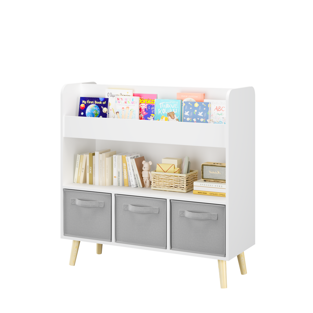Kids Bookshelf with 3 Fabric Bins, Modern Children's Bookcase with Storage for Toys and Books, Toddler Book Organizer Shelf f