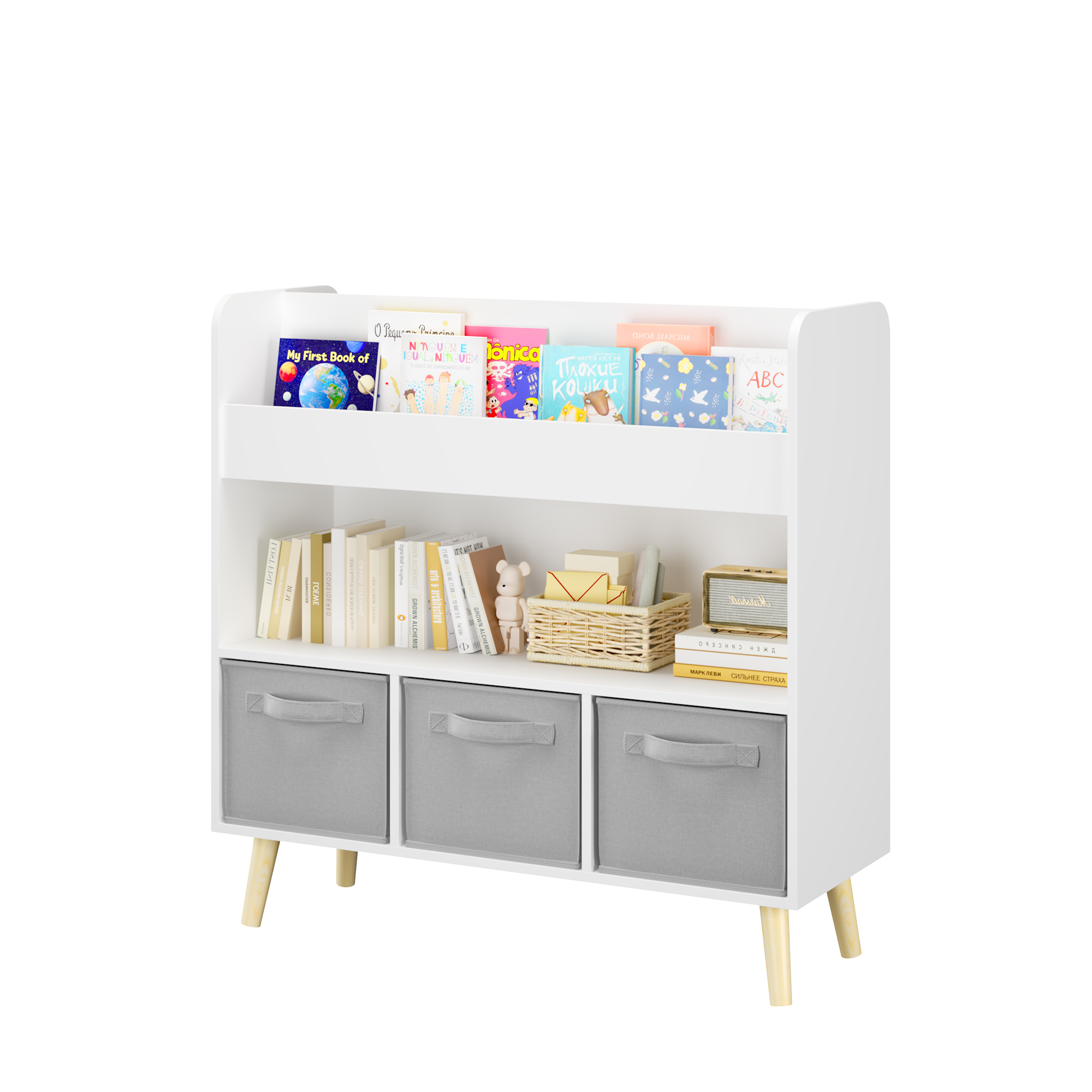 Kids Bookshelf with 3 Fabric Bins, Modern Children's Bookcase with Storage for Toys and Books, Toddler Book Organizer Shelf f