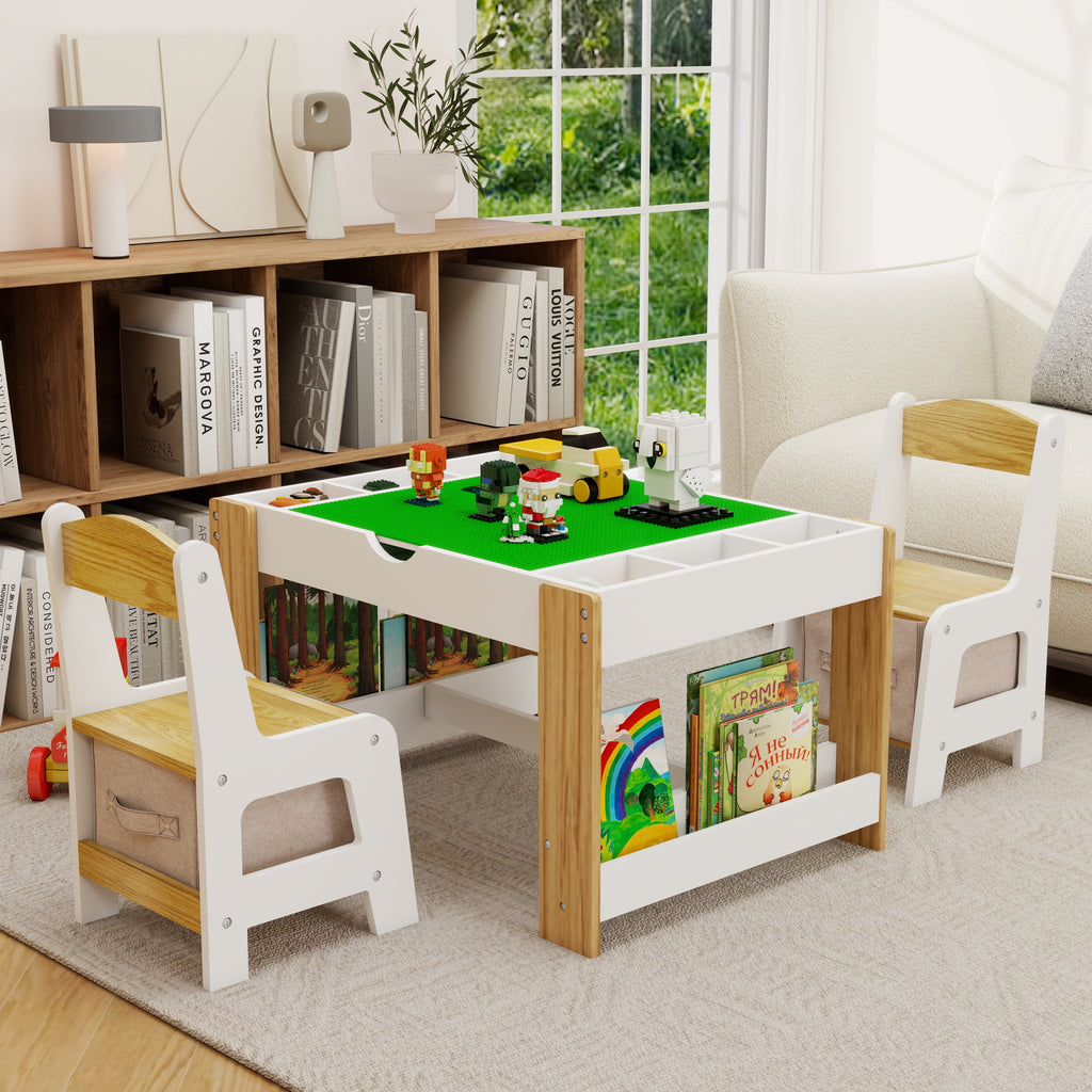 Kids 2 in 1 Play Table & 2 Chairs Set,with 7 Storage Compartments,Compatible with LEGO Building Block,Modern Activity Learnin