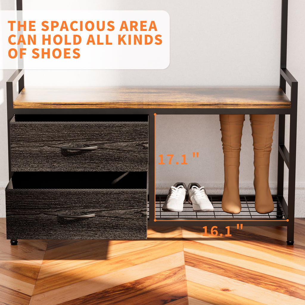 Rustic Brown 33.1' Wide Hall Tree with 2 Movable Drawers, Shoe Storage, Shelves, Garment Racks, and 23 Hooks for Entryway or Corner - Grand Goldman Shop