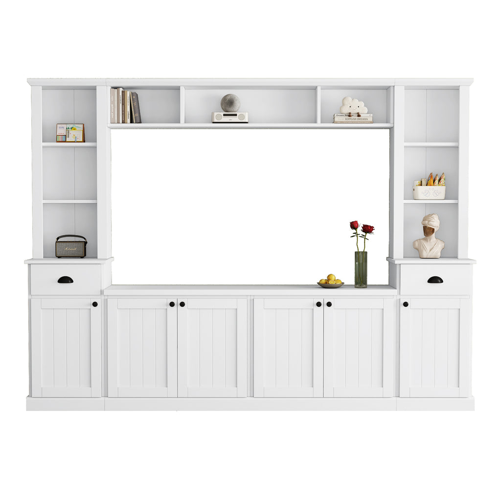 Minimalist Entertainment Wall Unit Set with Bridge for TVs Up to 75'', Ample Storage Space TV Stand with Adjustable Shelves, Modernist Large Media Console for Living Room, White - Grand Goldman Shop