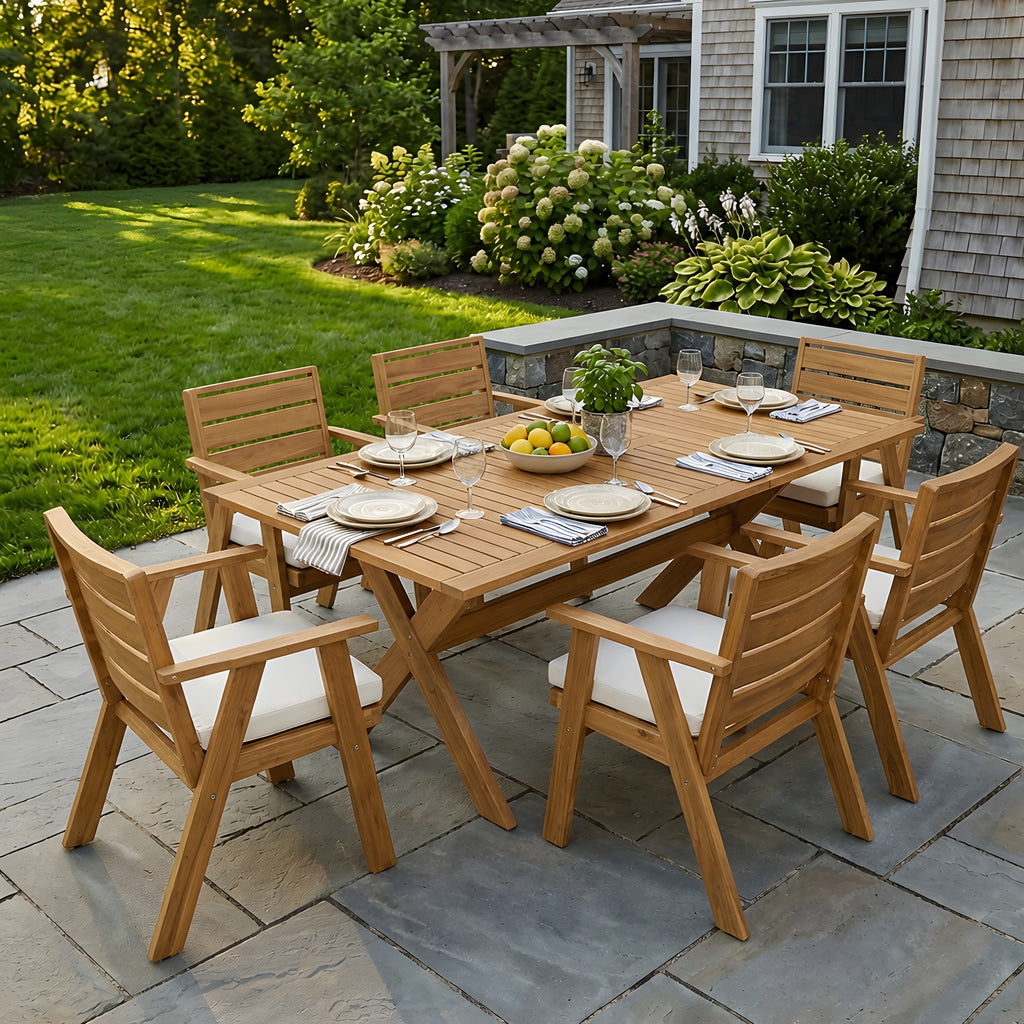 7-teiliges Gartenmöbel-Set aus Akazienholz, modernes Set mit 6 Stühlen und 1 großem Tisch, Essgruppe für Rasen, Garten, Terrasse, Poolbereich, Teakholz-Optik