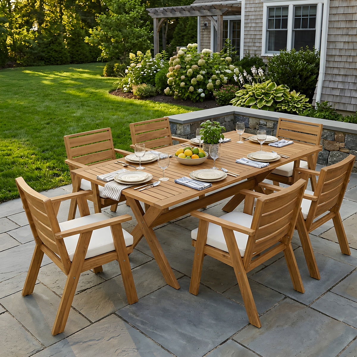 7-teiliges Gartenmöbel-Set aus Akazienholz, modernes Set mit 6 Stühlen und 1 großem Tisch, Essgruppe für Rasen, Garten, Terrasse, Poolbereich, Teakholz-Optik