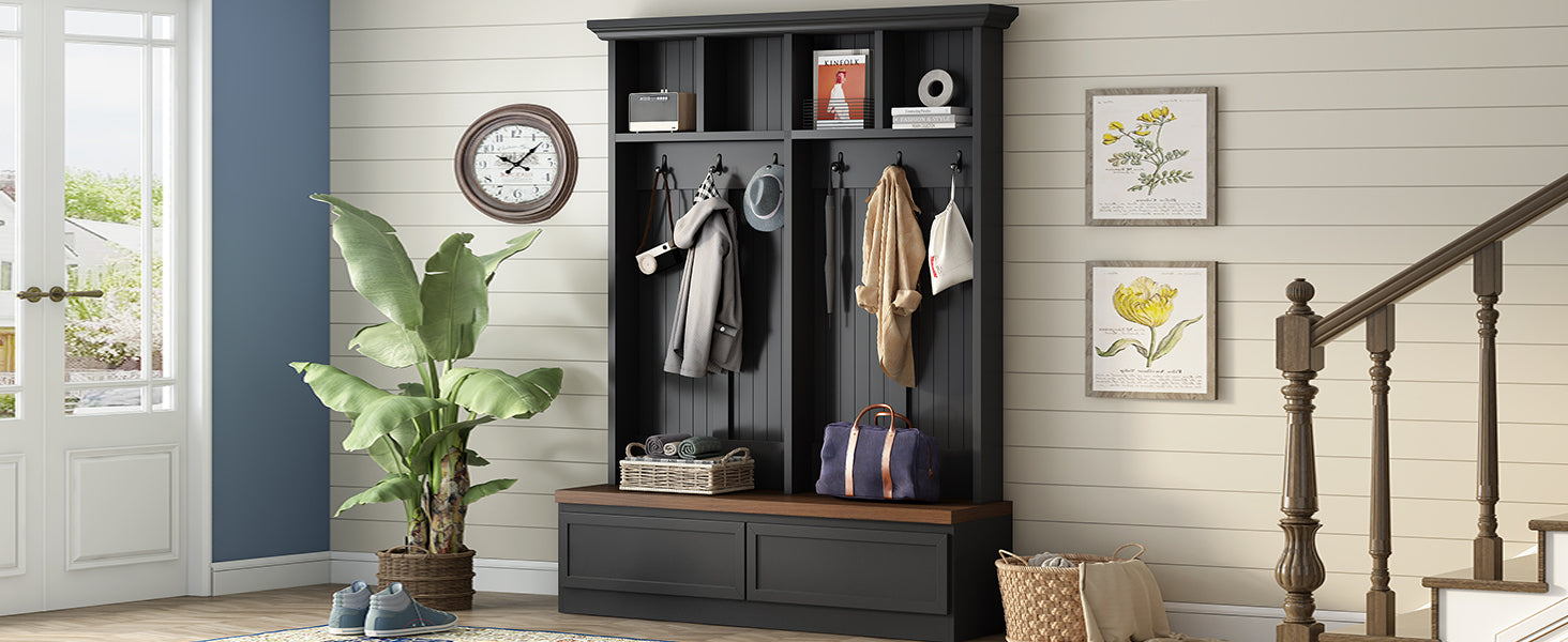 Farmhouse 4-in-1 Hall Tree with Wood Grain Bench, Mudroom Versatile Coat Rack with 2 Large Drawer, Entrance Organizer for Hallway, Living Room, Black, 55.9'W (OLD SKU: N721P313099B) - Grand Goldman Shop
