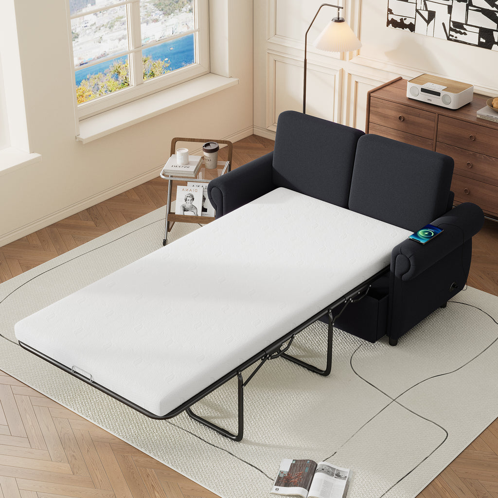 Orisfur Pull Out Sofa Bed Loveseat Sleeper with Twin Size Memory Foam Mattress & USB Ports, Black Linen - Grand Goldman Shop