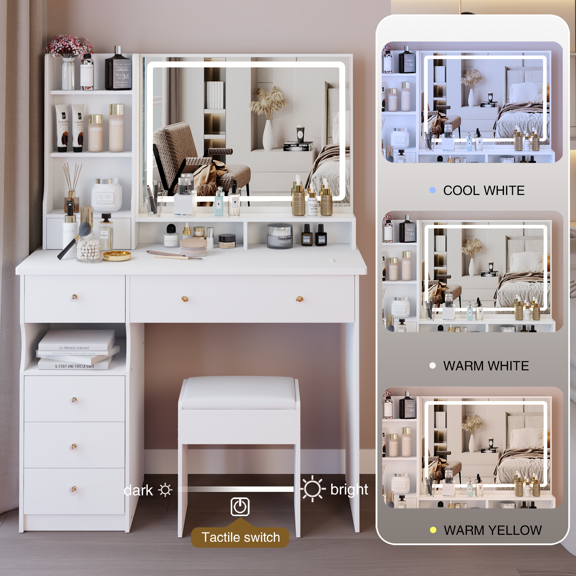 41' Large Sized Desktop Vanity Table + Cushioned Stool, Oversized desktop, Large Touch Control LED Mirror, 3-color Switch, Multi Layer High Capacity Storage Fashion Dresser, EPA, GCC, UL Certificate - Grand Goldman Shop