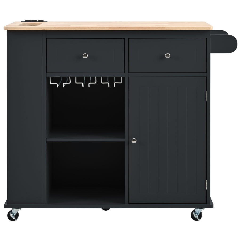 Kitchen Island with Power Outlet,Kitchen Storage Island with Drop Leaf and Rubber Wood,Open Storage and Wine Rack,5 Wheels,with Adjustable Storage for Home, Kitchen, and Dining Room, Black - Grand Goldman Shop