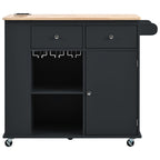 Kitchen Island with Power Outlet,Kitchen Storage Island with Drop Leaf and Rubber Wood,Open Storage and Wine Rack,5 Wheels,with Adjustable Storage for Home, Kitchen, and Dining Room, Black - Grand Goldman Shop