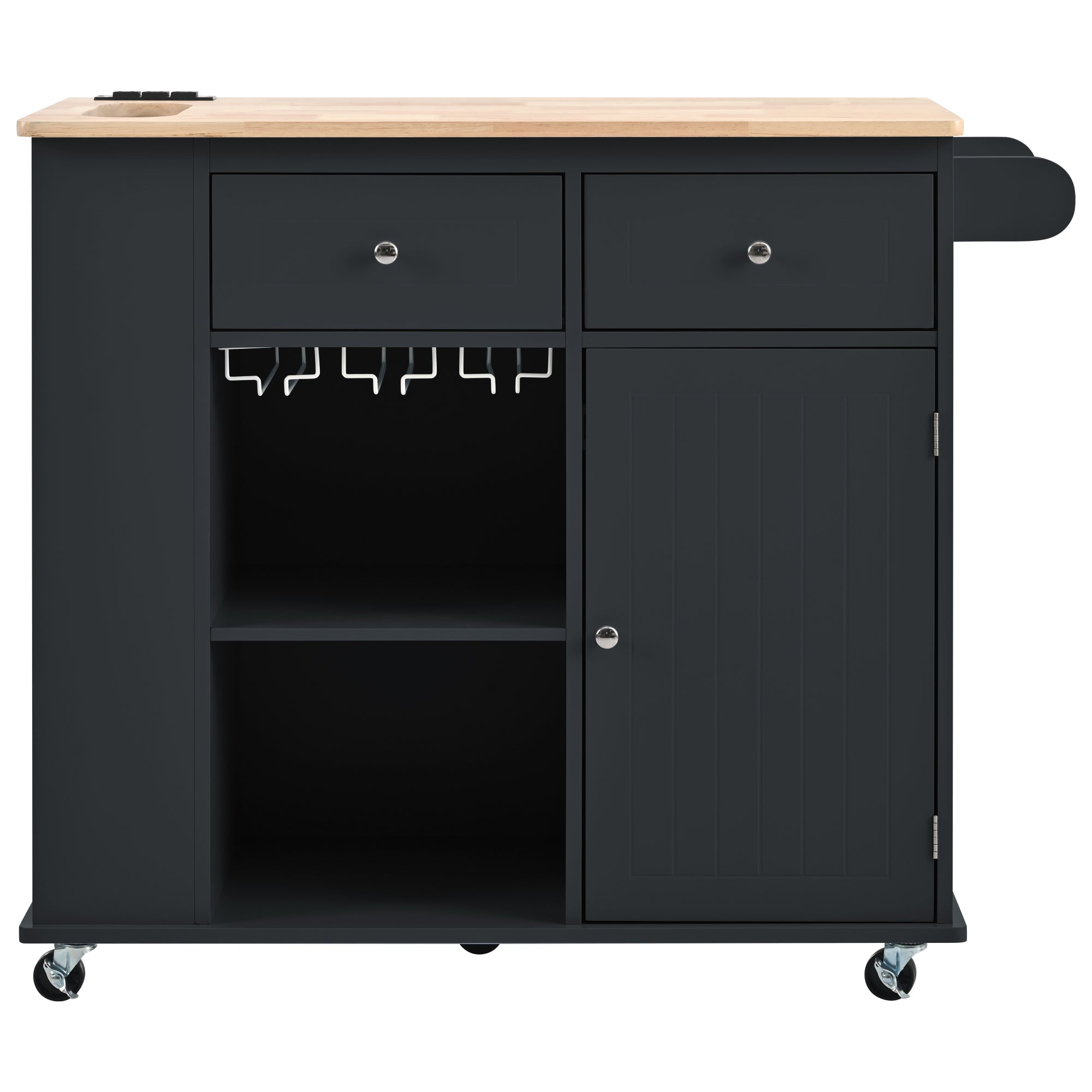 Kitchen Island with Power Outlet,Kitchen Storage Island with Drop Leaf and Rubber Wood,Open Storage and Wine Rack,5 Wheels,with Adjustable Storage for Home, Kitchen, and Dining Room, Black - Grand Goldman Shop