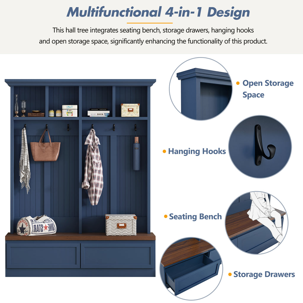 Farmhouse 4-in-1 Hall Tree with Wood Grain Bench, Mudroom Versatile Coat Rack with 2 Large Drawer, Entrance Organizer for Hallway, Living Room, Blue, 55.9'W (OLD SKU: N721P313099C) - Grand Goldman Shop