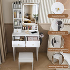 Modern White Vanity Desk with 3 LED Lighting Modes, 3 Drawers, Open Shelves, Hair Dryer Holder, and Dressing Chair - MDF Construction - Grand Goldman Shop