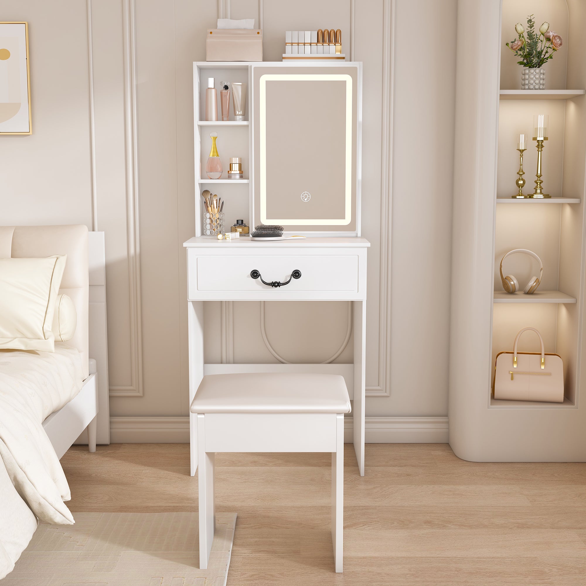 Modern Mini Dressing Table with LED-lit Mirror & Hidden Storage, Adjustable Brightness Vanity Desk, White - Grand Goldman Shop