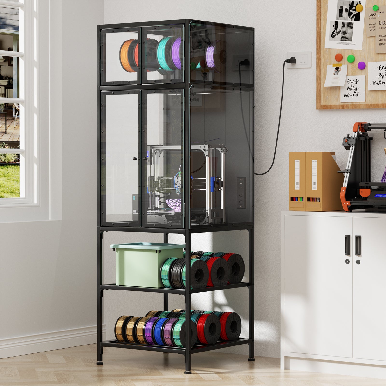 Black 3D Printer Cabinet with Double-Layer Filament Storage, T-Shaped Filament Bar, Noise-Reducing and Dust-Proof Design for Studio or Office Use - Grand Goldman Shop