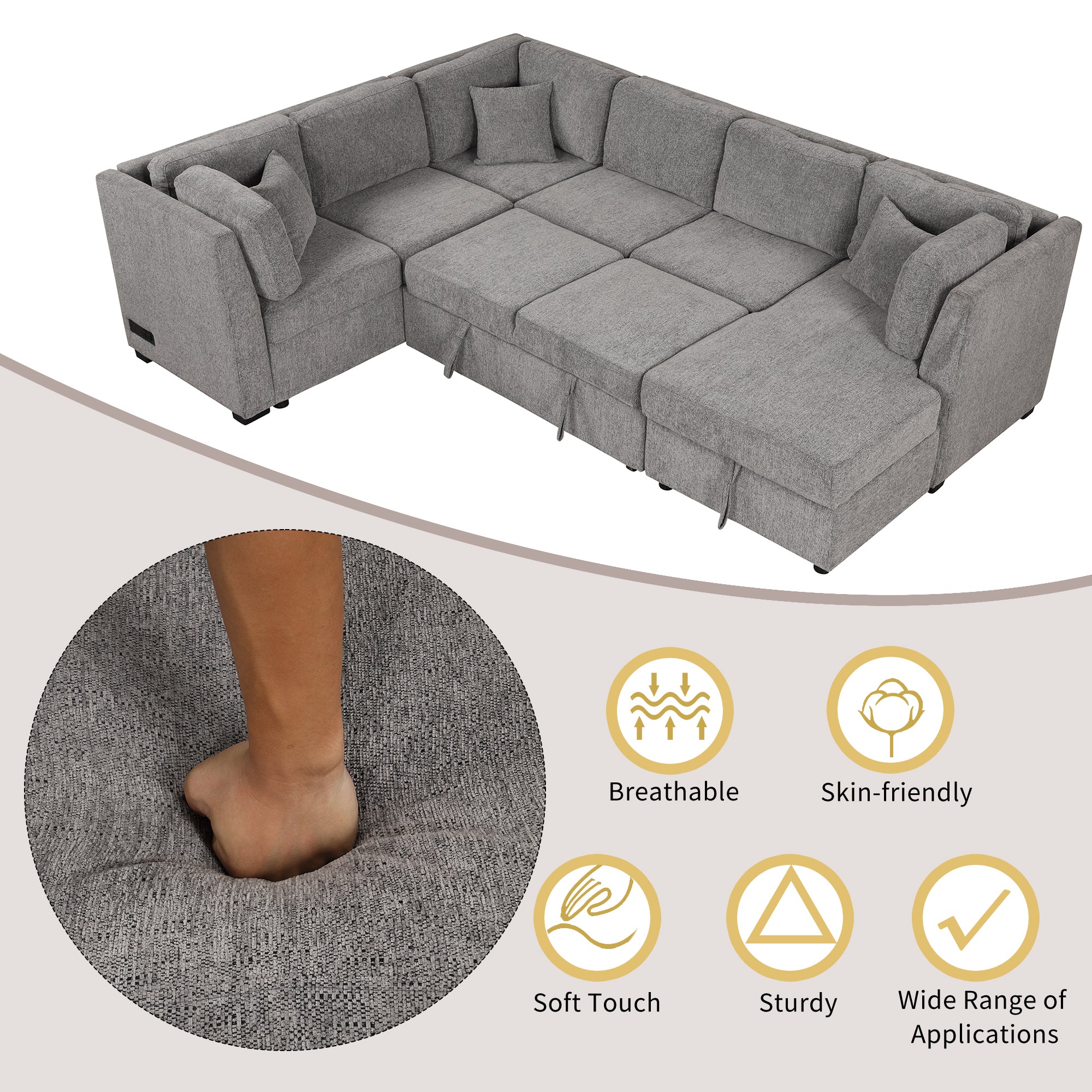 U-shaped Sectional Sofa Pull out Sofa Bed with USB Ports, Power Sockets, Storage Chaise, Light Gray Chenille, 108.6' - Grand Goldman Shop