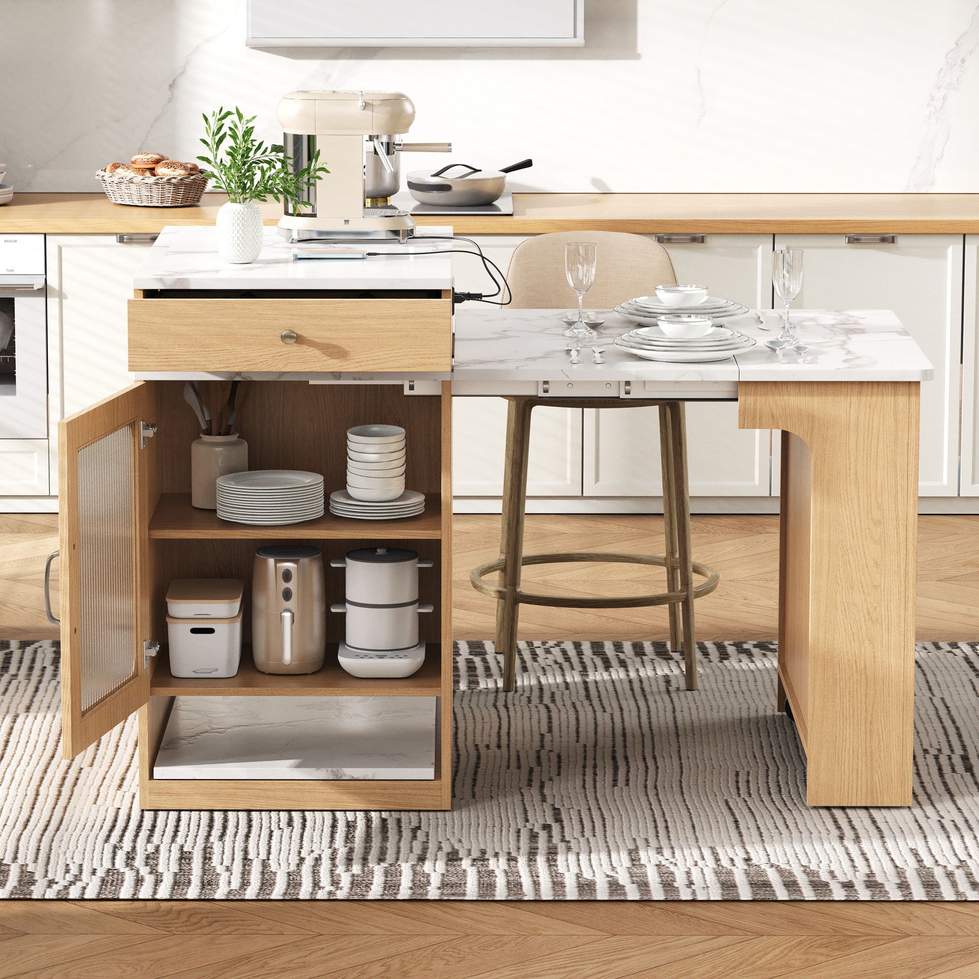 K&K 59.5'Kitchen Island with Extendable Dining Table, Kitchen Storage Table with Double-sided Storage, Kitchen Island with 2 Drawers, Power Outlet, Side Open Shelves, for Kitchen, Dining Room, Natural - Grand Goldman Shop
