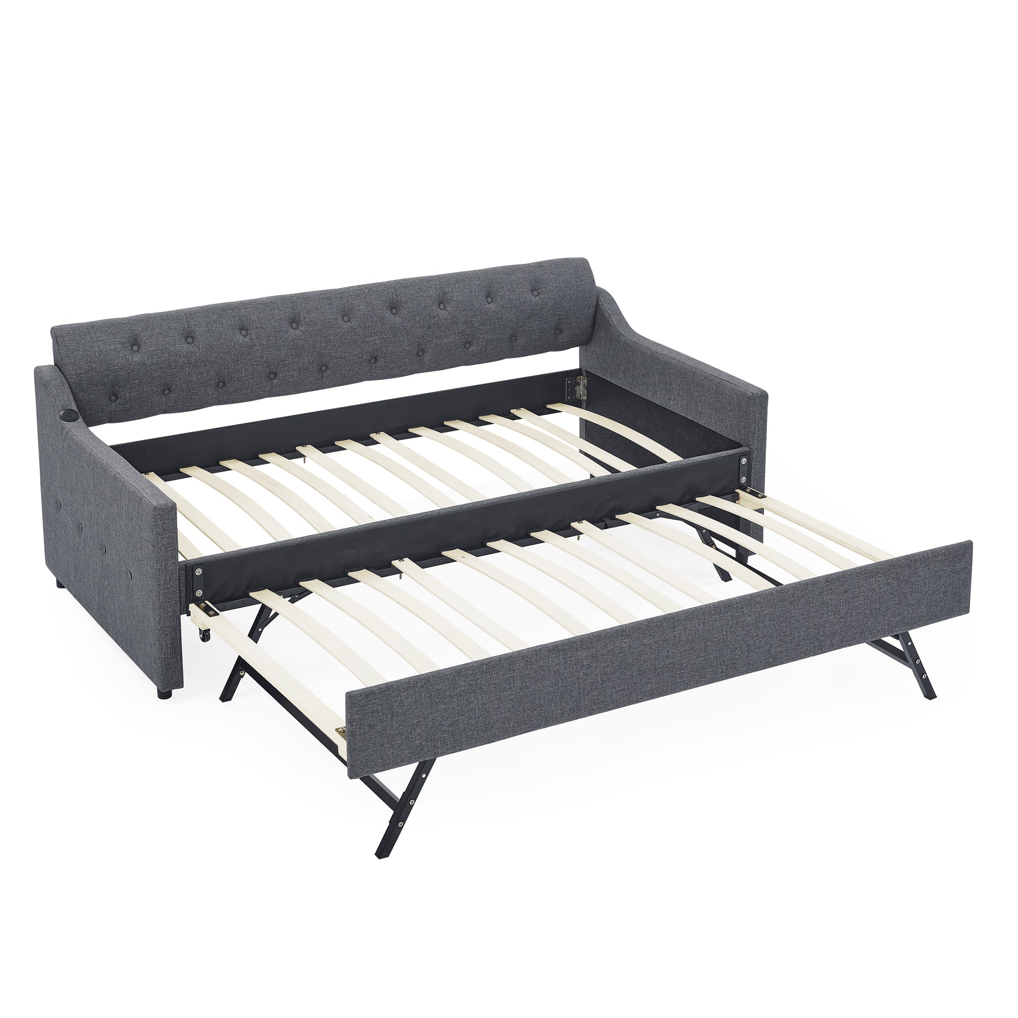 Twin Size Upholstered Daybed with Trundle and USB Charging, Dark Gray Linen - Grand Goldman Shop
