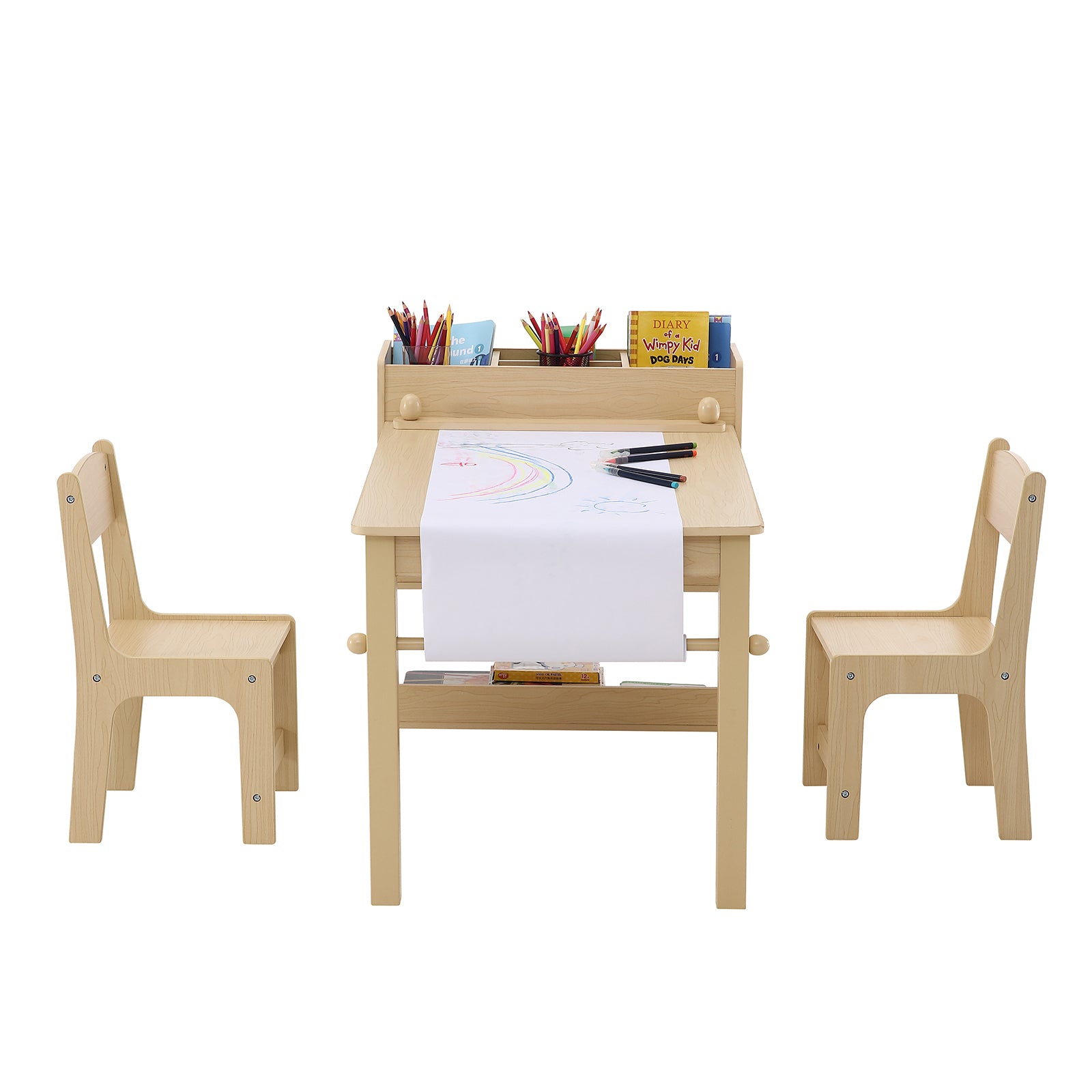 Kids Art Table and 2 Chairs, 2-in-1 Toddler Craft and Play Activity Table, Wood Toddler Table and Chair Set with A Cabinet fo