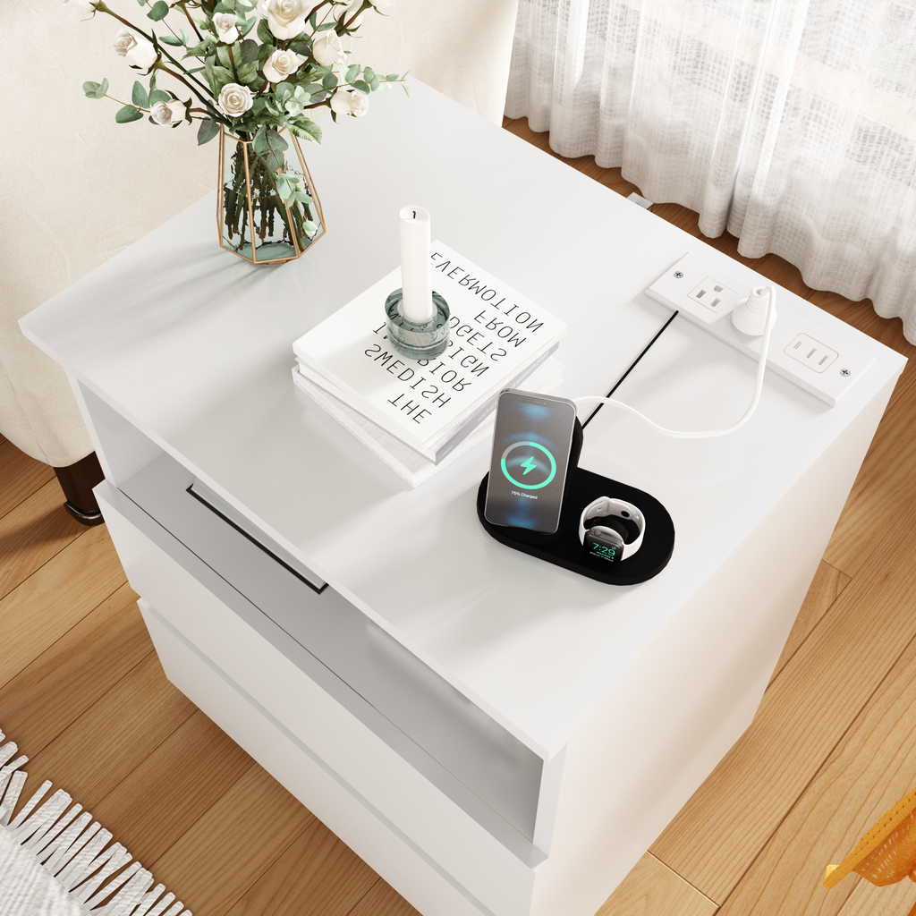 (Set of 2)End Table with Fast USB C Charging Station, Sofa Side Table with 2 Drawers, Large Storage Modern Wood Storage Cabinet for Living Room,Bedroom,Office, White - Grand Goldman Shop