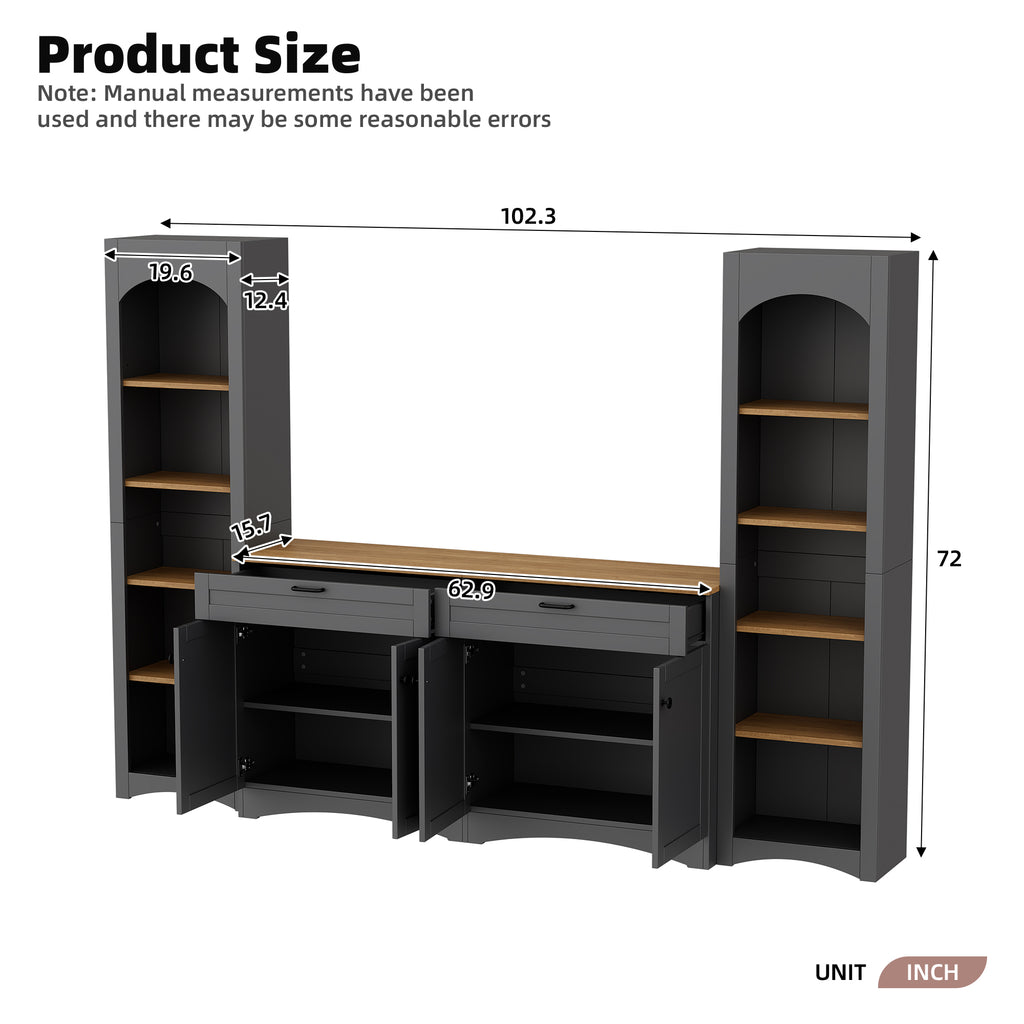 ON-TREND 3-Piece Farmhouse Entertainment Center with Storage Cabinet for TVs Up to 70', Mid-Century TV Stand with Bookshelf, Rustic Versatile Sideboard with Adjustable Shelves for Living Room, Grey - Grand Goldman Shop