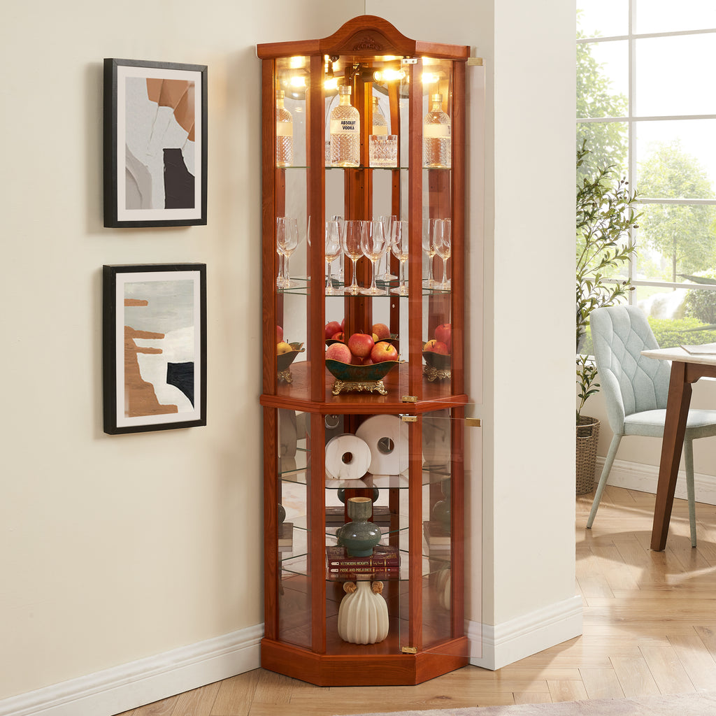 Glass Cabinet Lighted Corner Cabinet Corner Display Curio Cabinet, Glass Display With Light(Included)Bar Cabinet,Wine Cabinet with Adjustable Glass Shelves Carved Decoration OAK Light(Included) - Grand Goldman Shop