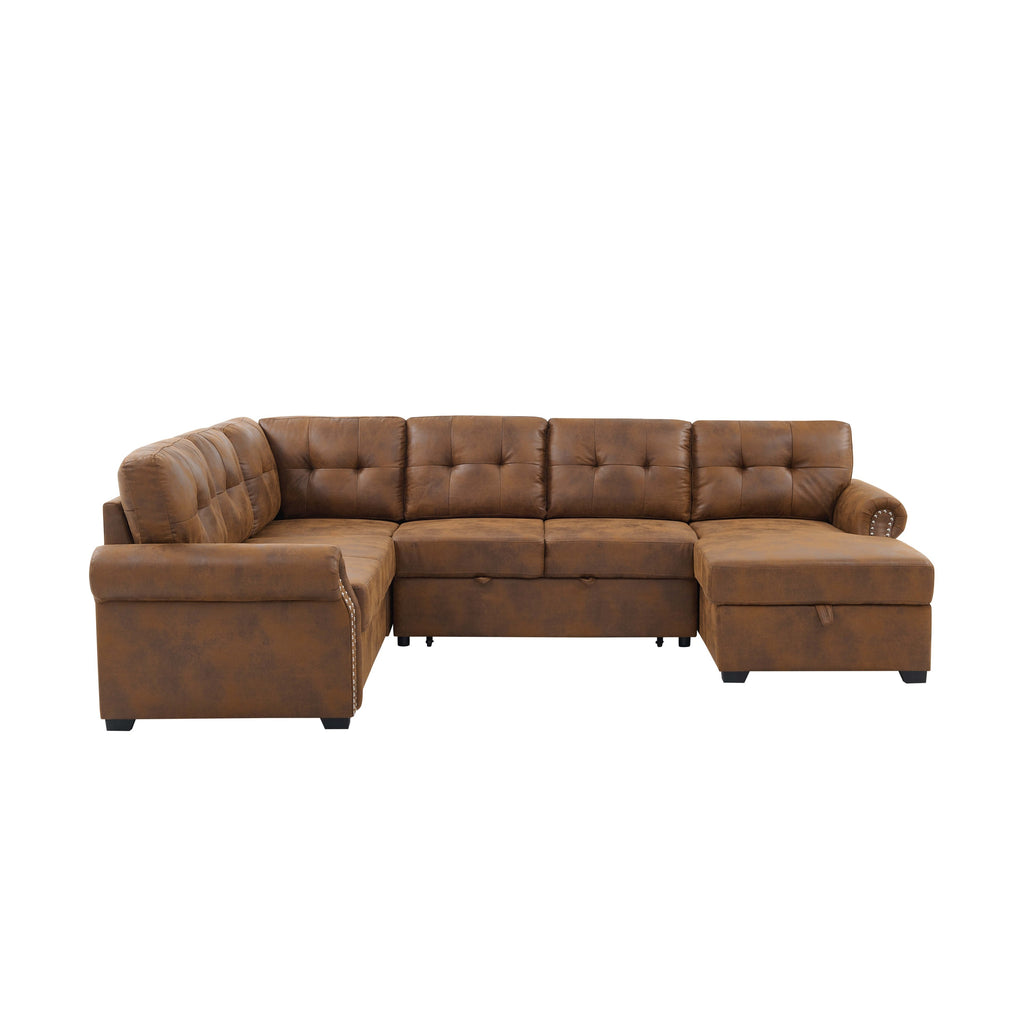 Faux Leather Fabric U-Shape Sectional Sleeper Sofa (Pull-Out Bed) With Storage Chaise - Grand Goldman Shop