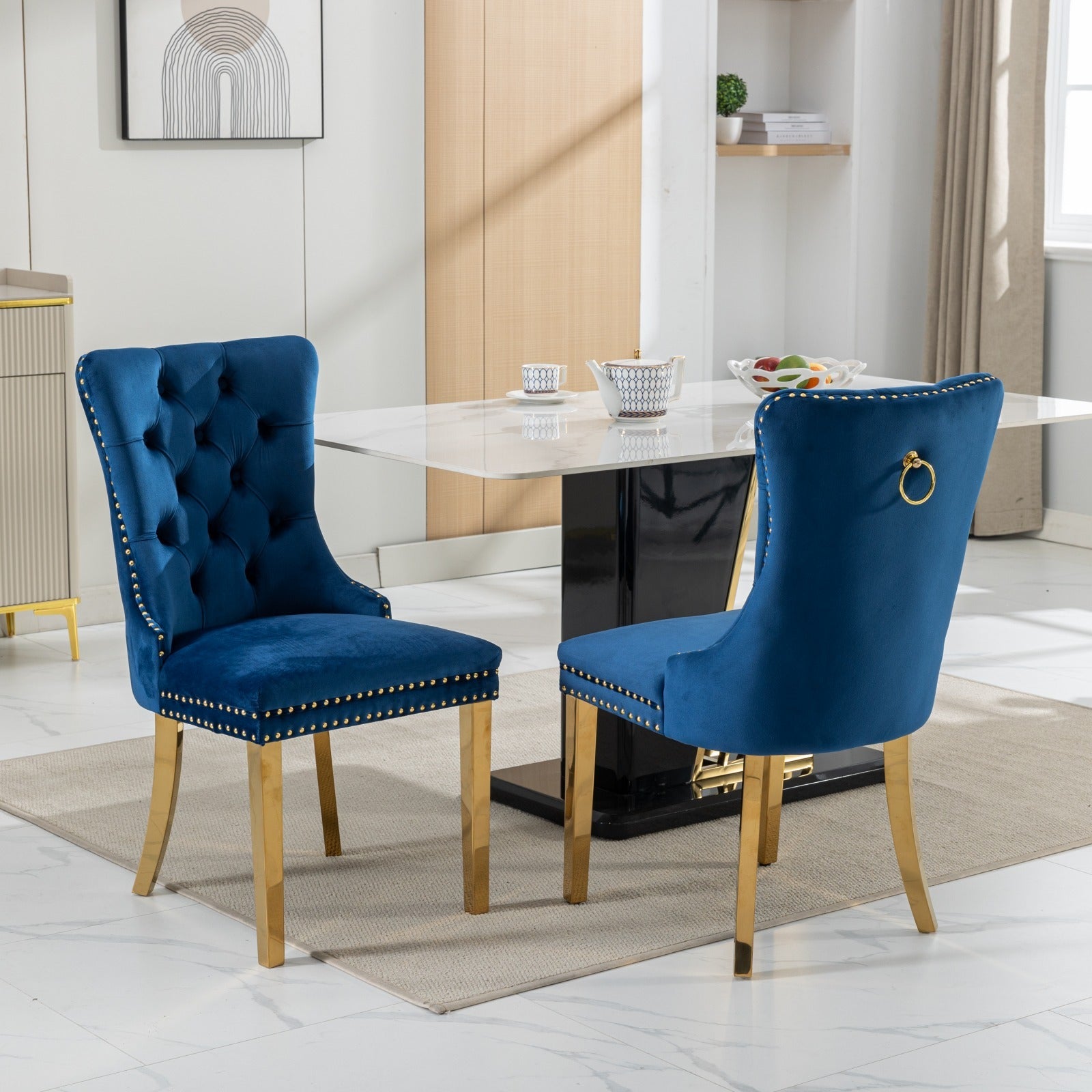A&A Furniture,Nikki Collection Modern, High-end Tufted Solid Wood Contemporary Velvet Upholstered Dining Chair with Golden Stainless Steel Plating Legs,Nailhead Trim,Set of 2,Blue and Gold, SW1601BL - Grand Goldman Shop
