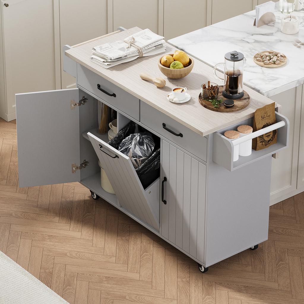 K&K Kitchen Island with Trash Can Storage Cabinet, Kitchen Cart with Drop Leaf, Spice Rack, Towel Rack and Drawer, Rolling Kitchen Island on Wheels with Adjustable Shelf, Grey - Grand Goldman Shop