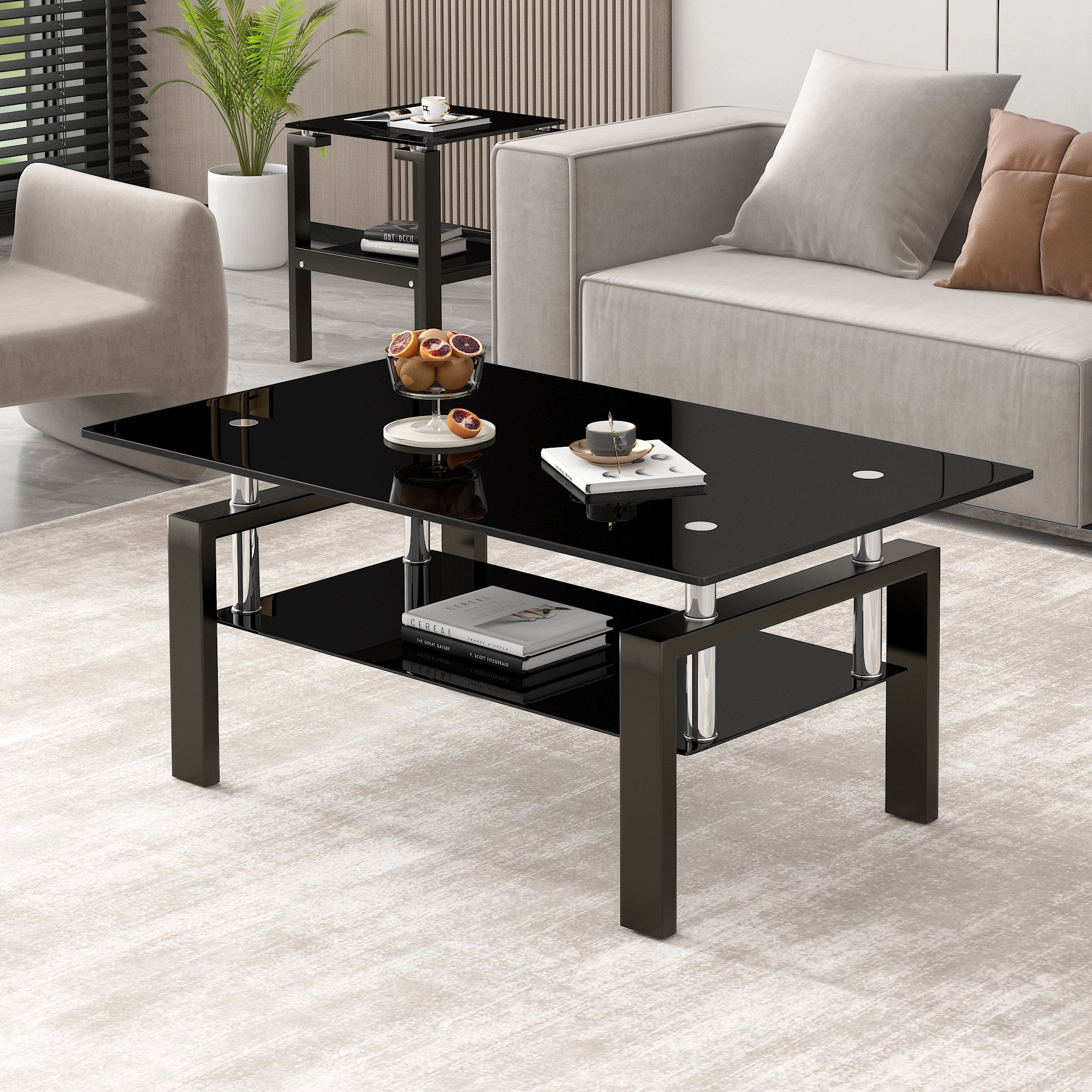 Modern Tempered Black Glass Coffee Table with 2-Layers and Waterfall Edges for Living Room - Grand Goldman Shop