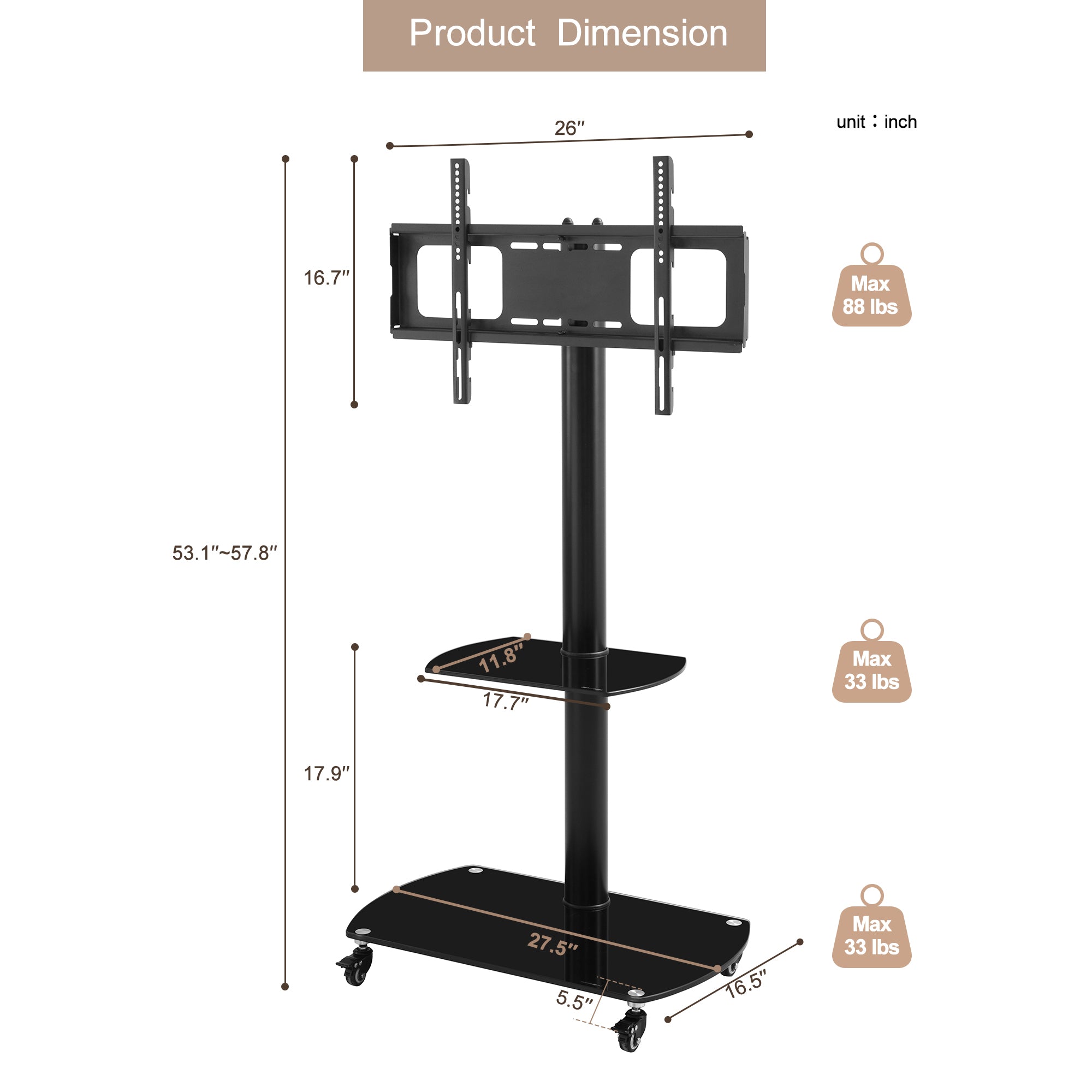 Height and Angle Adjustable Mobile TV Stand with Tempered Glass Shelves and Lockable Wheels, Black Metal Frame, Fits 32-65 Inch TVs - Grand Goldman Shop