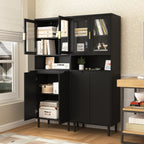 Tempered Glass Door Tall Storage Bookcase with adjustable board, 4 doors MDF painting finished cabinet, Black, Living room Bedroom storage - Grand Goldman Shop