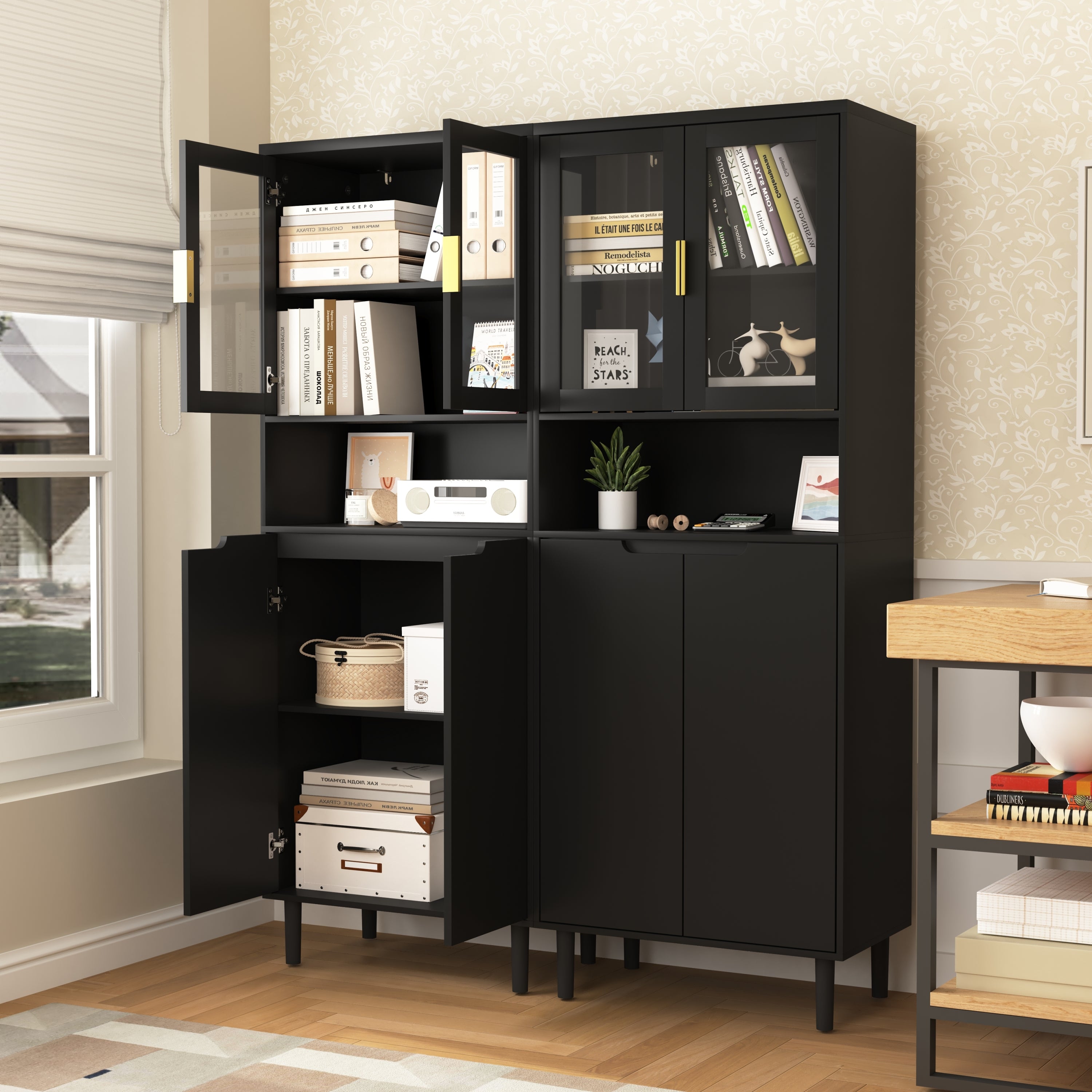 Tempered Glass Door Tall Storage Bookcase with adjustable board, 4 doors MDF painting finished cabinet, Black, Living room Bedroom storage - Grand Goldman Shop
