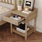 Retro Style Nightstand with Drawer and Open Shelf for Bedroom, Bedside Table with Turned Legs and Metal Handle,Natural - Grand Goldman Shop