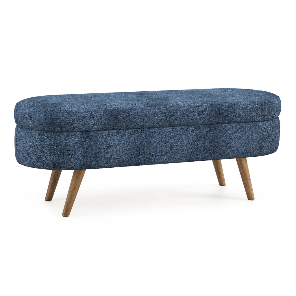 Modern Ottoman Oval Storage Bench with Rubber Wood Legs, Dark Blue Fabric, 43.5'x16'x16' - Grand Goldman Shop