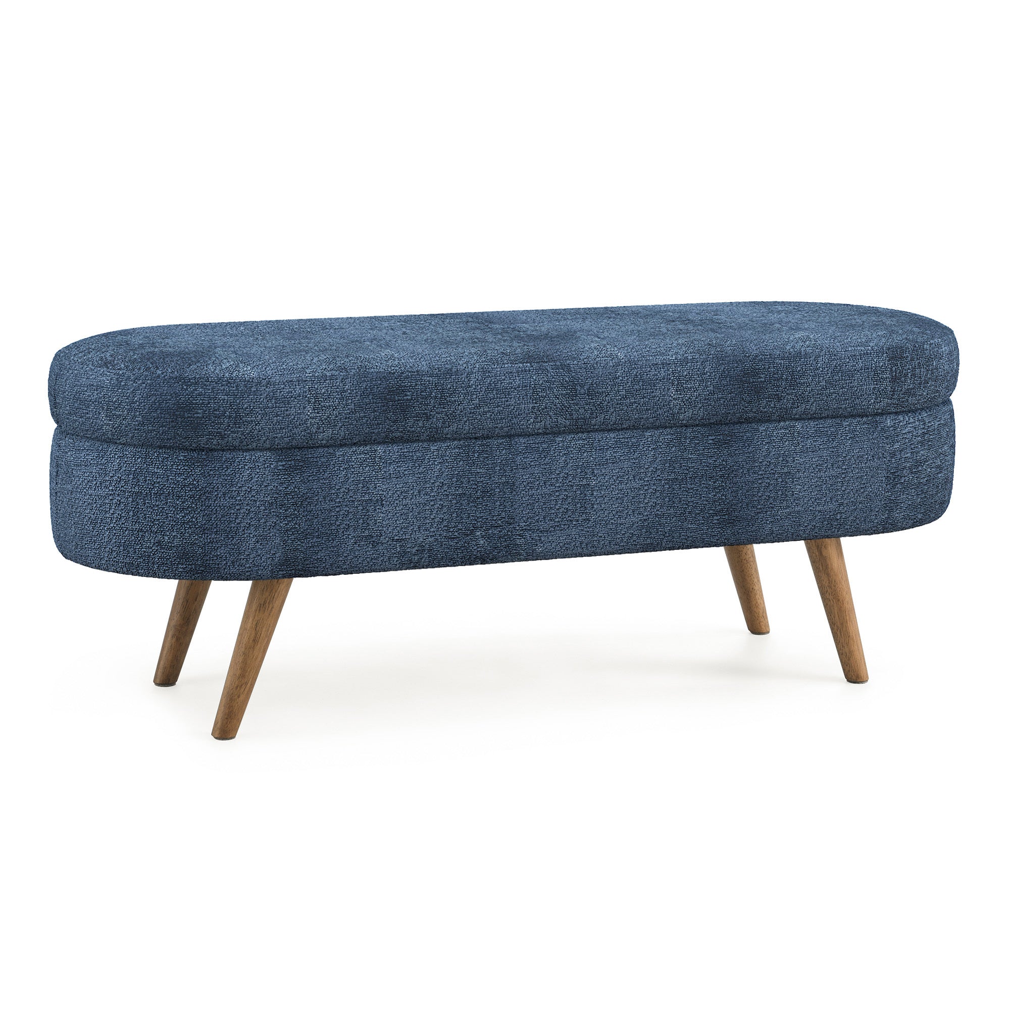 Modern Ottoman Oval Storage Bench with Rubber Wood Legs, Dark Blue Fabric, 43.5'x16'x16' - Grand Goldman Shop