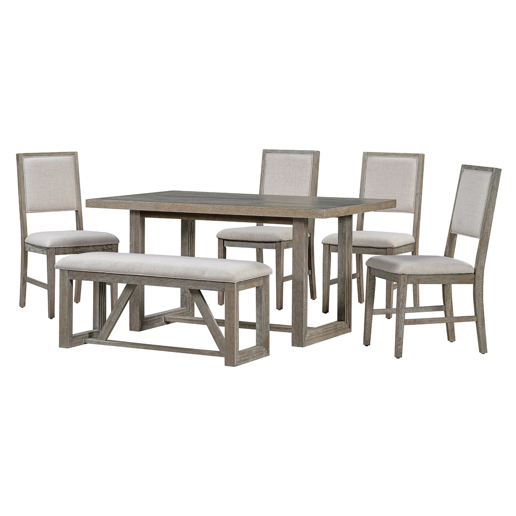 TREXM 6-Piece Retro Dining Table Set for 6, 60' Wood Kitchen Table and Chairs Set of 4 with Bench Designed Trestle Base for kitchen & Dining Room (Gray) - Grand Goldman Shop