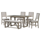 TREXM 6-Piece Retro Dining Table Set for 6, 60' Wood Kitchen Table and Chairs Set of 4 with Bench Designed Trestle Base for kitchen & Dining Room (Gray) - Grand Goldman Shop