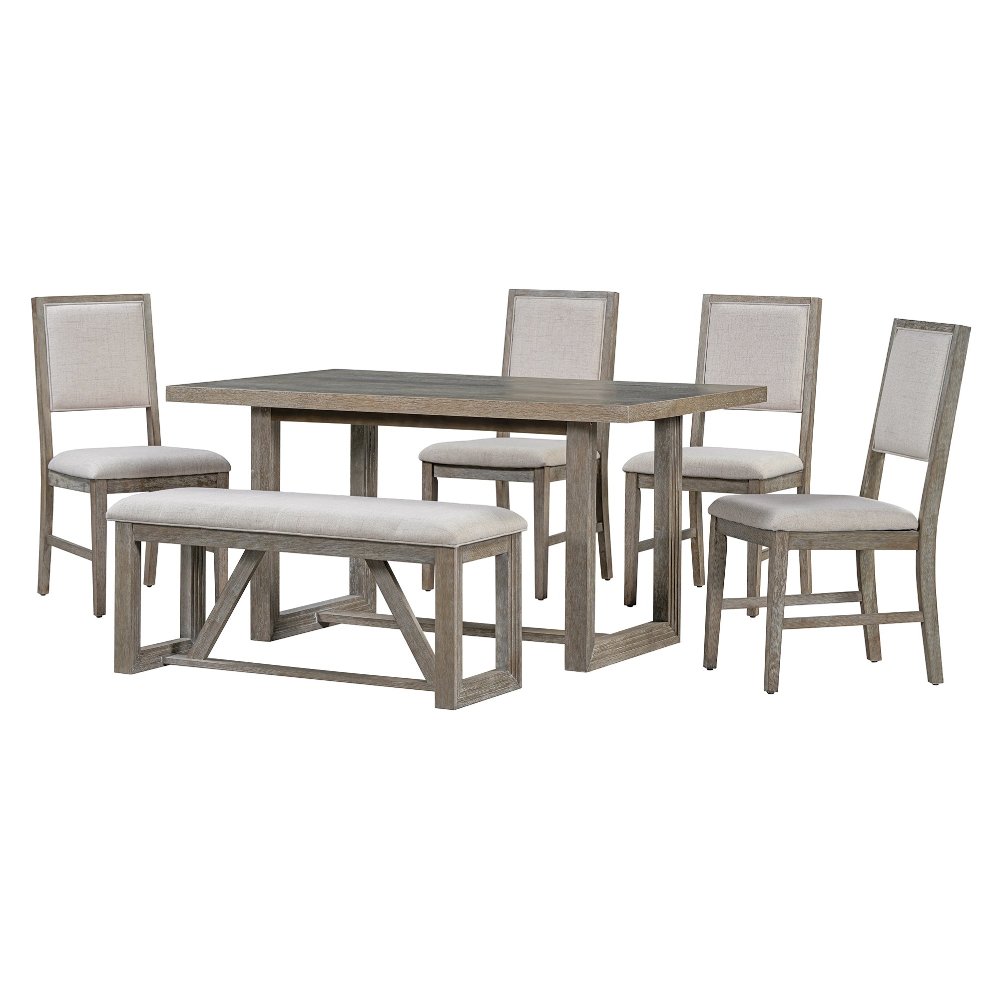 TREXM 6-Piece Retro Dining Table Set for 6, 60' Wood Kitchen Table and Chairs Set of 4 with Bench Designed Trestle Base for kitchen & Dining Room (Gray) - Grand Goldman Shop