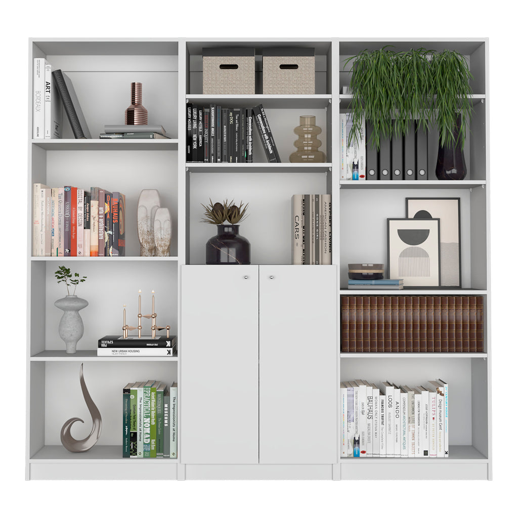 Aynor 3 Piece Home Bookcase set, 74' Wide with 12 Shelves and 2-door Cabinet ,  Living Room Set  White - Grand Goldman