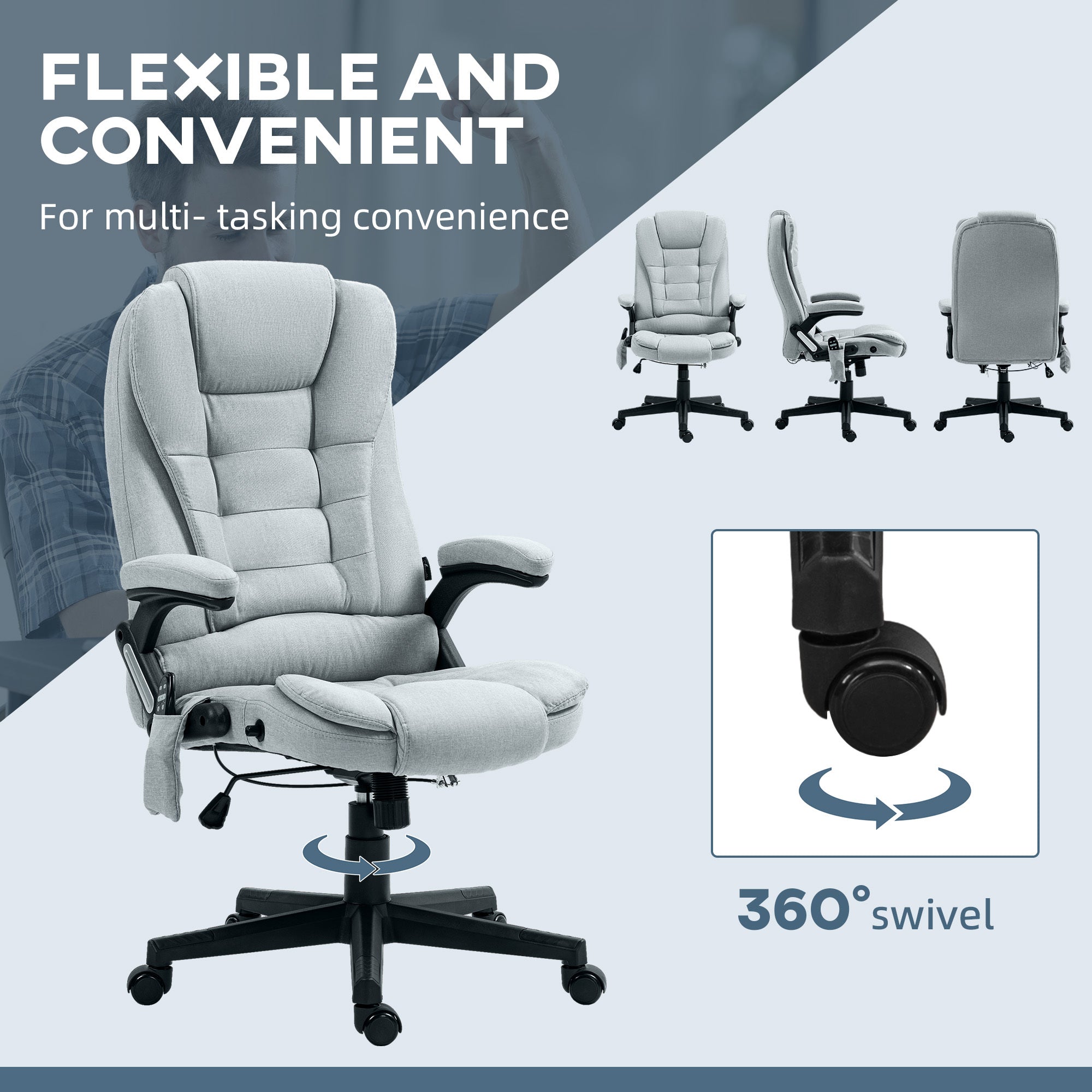 HOMCOM 6 Point Vibrating Massage Office Chair with Heat, Linen High Back Executive Office Chair with Reclining Backrest, Padd